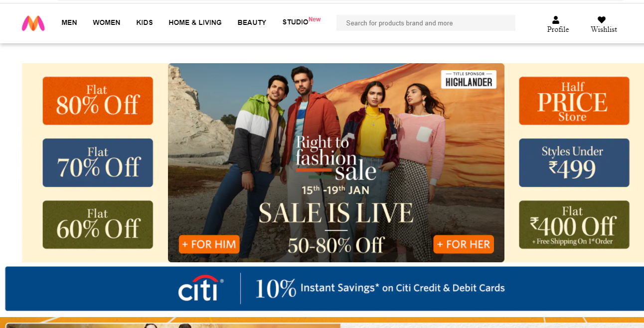 Clone of an E-commerce fashion website Myntra used for shopping clothes.
